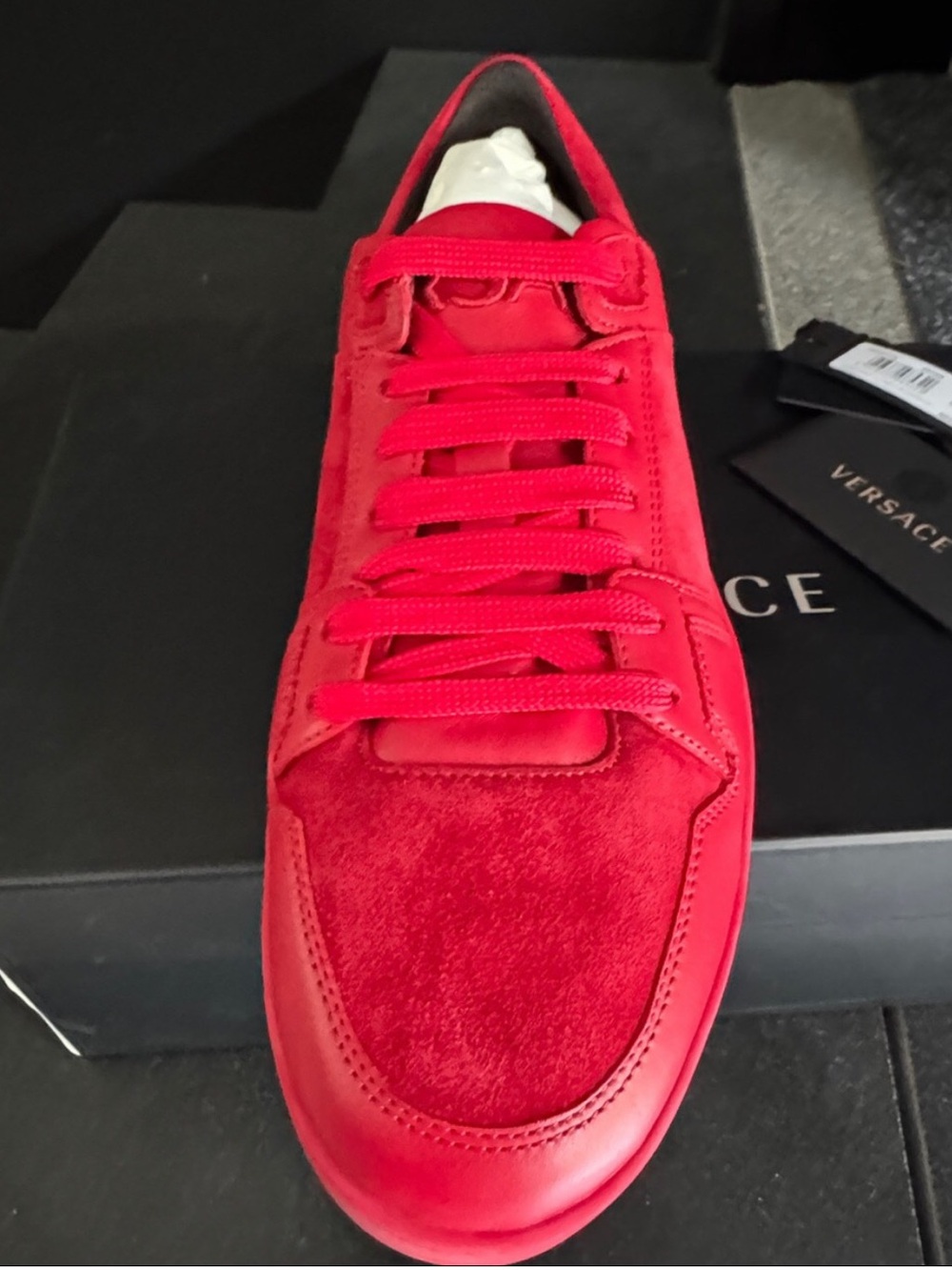 Versace Men's Bright Red Suede & Leather Low-Top Sneaker